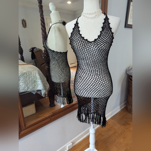 No Label Other - Black Crocheted Fringe Swim Coverup Dress